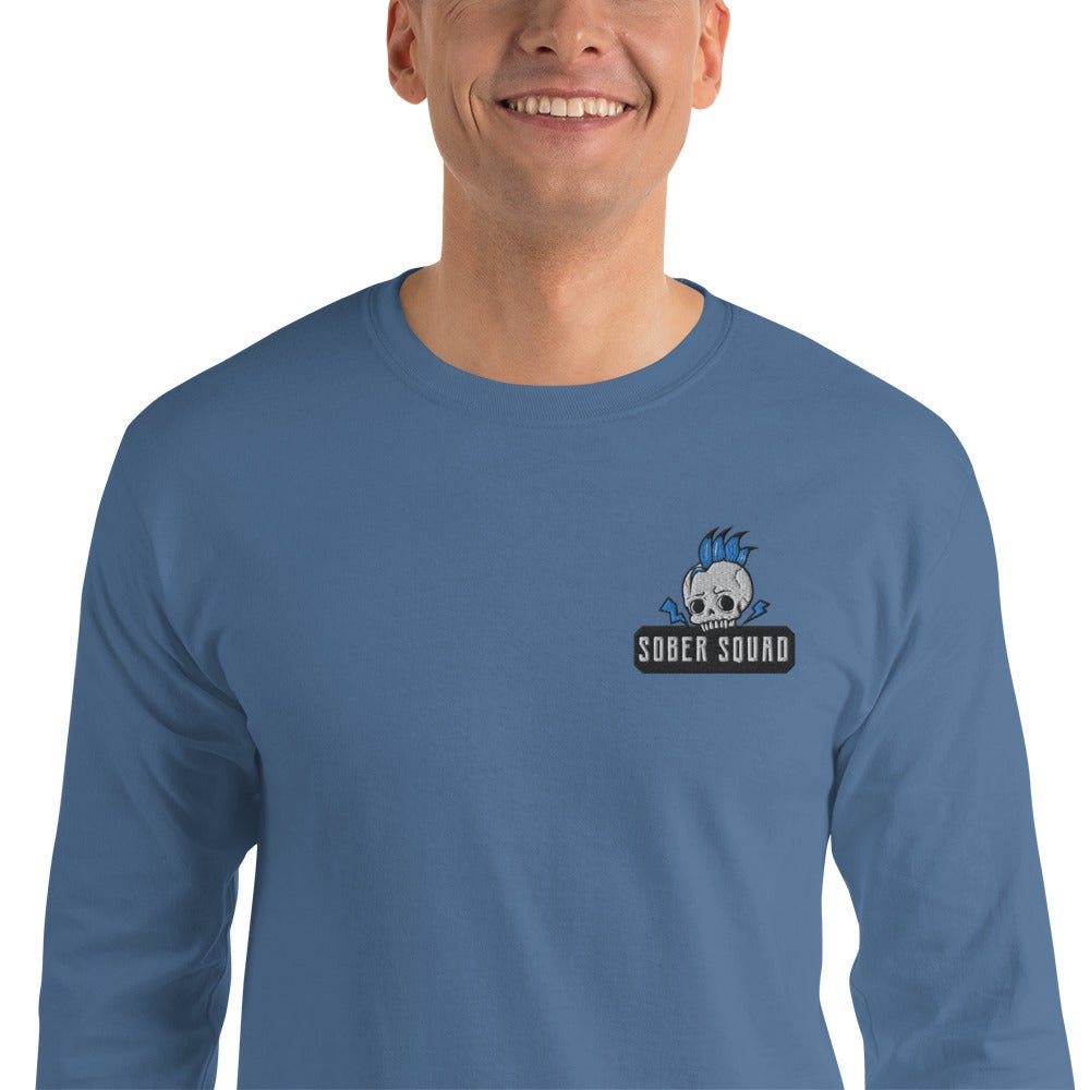 Sober Squad Embroidered Men's Long Sleeve Shirt - Comfortable Casual Button Up for Recovery & Support Groups - Perfect for AA Meetings, Sober Events & Everyday Wear