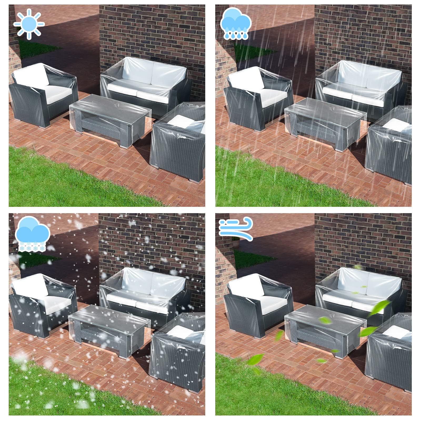 Hoolerry 4-Pack Clear Heavy Duty Waterproof Outdoor Furniture Covers for Sofa & Table - 32x30x30, 52x30x30, 36x21x13 Inch - Durable Plastic Patio Set Protector for Rain, Snow & UV Protection - Perfect for Garden, Deck & Backyard Furniture