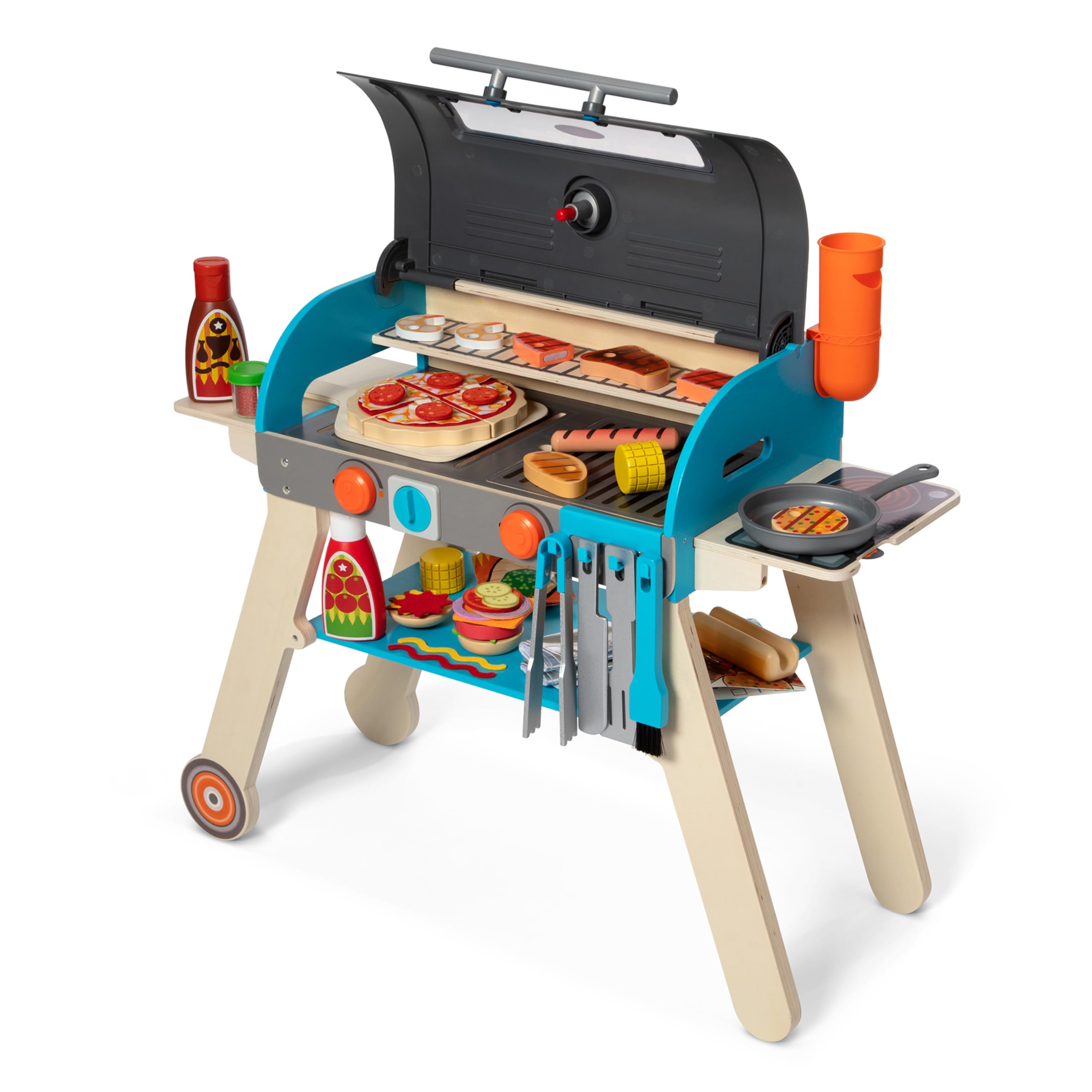Melissa & Doug Wooden Deluxe BBQ Grill, Smoker & Pizza Oven Pretend Play Kitchen Toy for Kids - FSC Certified Wooden Toy for Outdoor & Indoor Pretend Cooking Play