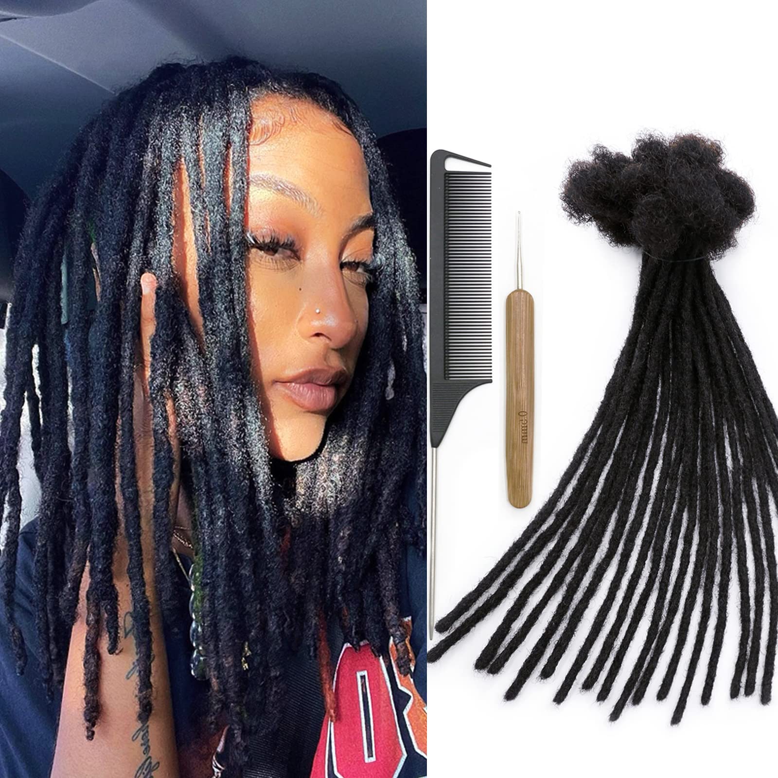 60 Strands Human Hair Dreadlock Extensions - 8 Inch 0.6cm Soft Natural Black Permanent Locs for Men & Women | Handmade with Needle & Comb | Can Be Dyed, Bleached & Curled | Perfect for Protective Styles, Boho Looks & Festival Hairstyles