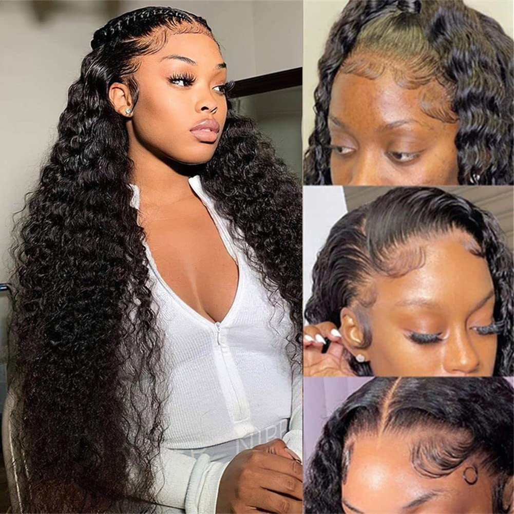 28 Inch Lace Front Human Hair Wig - 13x4 Deep Wave Curly Wig for Women | Natural Hairline with Baby Hair | 150% Density Wet & Wavy | Black | Perfect for Daily Wear, Parties & Special Occasions