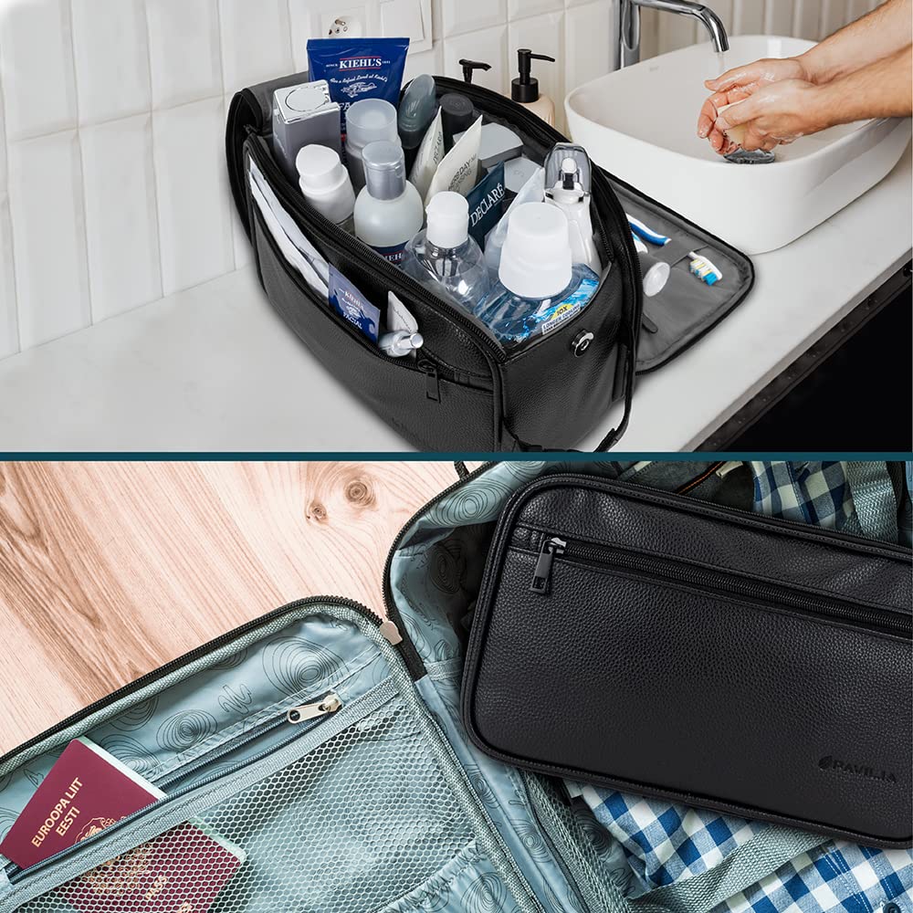 PAVILIA Men's Travel Toiletry Bag - XL Water Resistant PU Leather Dopp Kit for Shaving & Grooming Essentials | Perfect Cosmetic Organizer Case for Business Trips, Camping & Vacation (Black)