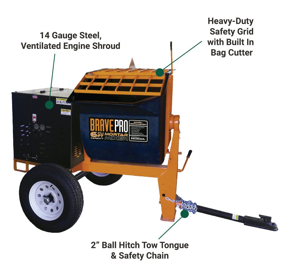 Brave BRPMM206H 6 Cu. Ft. Polyethylene Drum Mortar Mixer with Honda GX240 Engine - Heavy Duty Construction Equipment for Concrete, Stucco & Plaster Mixing