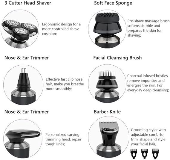 6-in-1 Rechargeable Electric Razor for Men - Wet/Dry Shaver, Beard Trimmer, Nose Hair Clipper & Bald Head Shaver | Perfect for Travel, Home & Gym Grooming