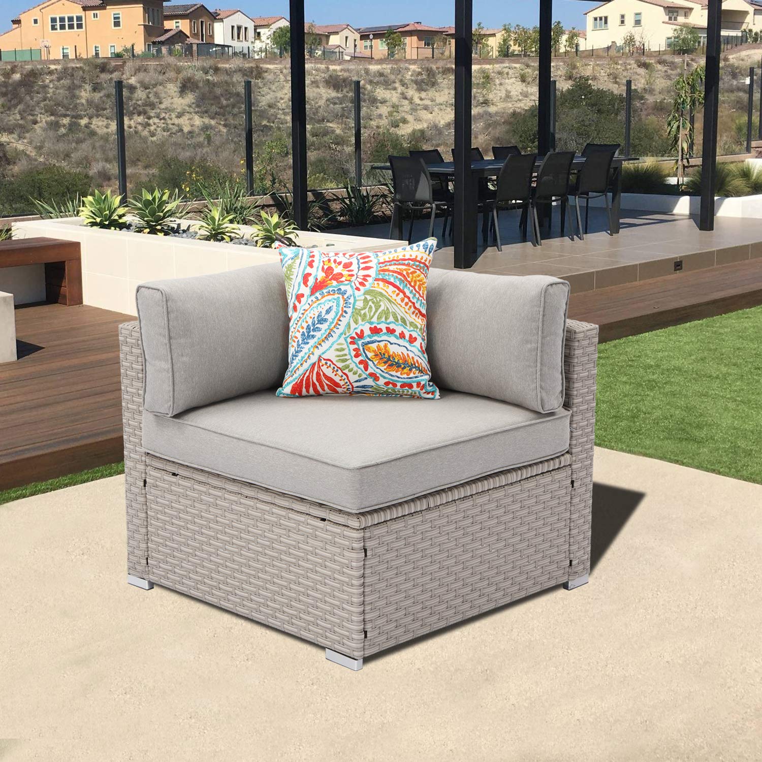 HOMPUS Outdoor Patio Furniture - Right Corner Wicker Chair with Warm Gray Cushions & Pillow - Weather-Resistant Garden, Pool, Backyard Lounge Seating for Relaxation