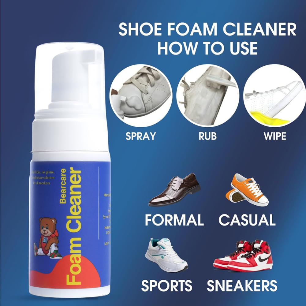 Bear Care Sneaker Foam Cleaner - Instant Shoe Stain Remover & Cleaning Solution for Sneakers, Running Shoes, Canvas Shoes | Quick & Effective Stain Removal for Fresh, Clean Footwear | Perfect for Gym, Sports & Daily Wear