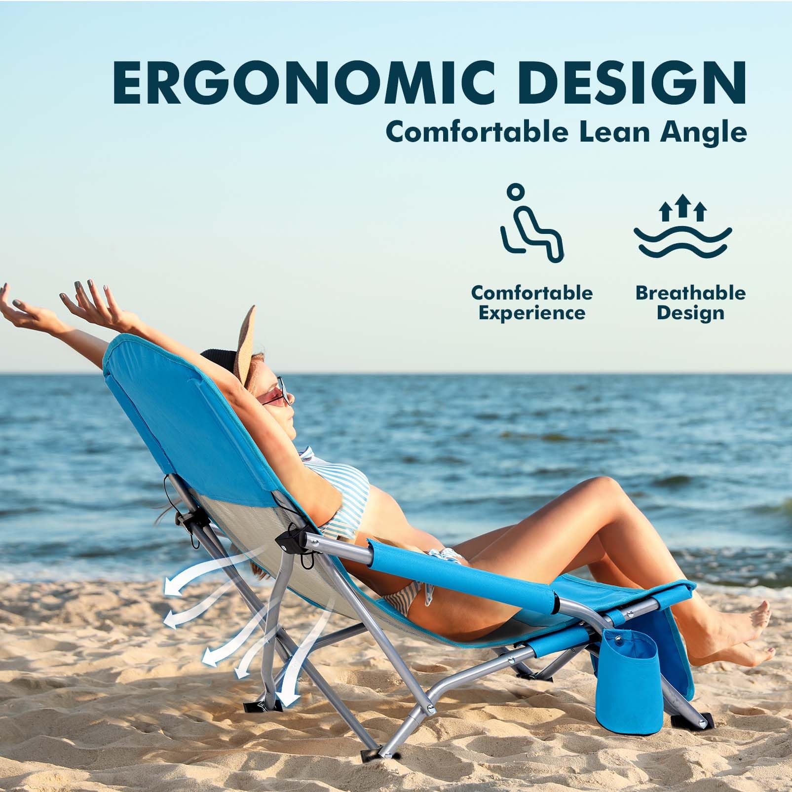 AKSOUL Folding Beach Chair for Adults - Portable High/Low Back Camping Chair with Carry Bag, Extra Wide Seat & Comfortable Pillow - Perfect for Beach, Picnic, Backyard, Travel and Outdoor Activities (Blue, 1 Pack & 2 Pack Options)
