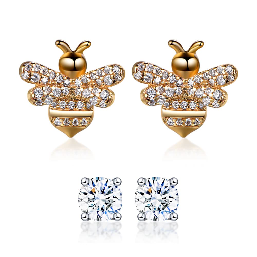 SUPRAONE Bee Stud Earrings for Women - White Gold Plated 925 Sterling Silver with Cubic Zirconia, Tiny Dainty Animal Jewelry for Women & Girls | Perfect for Everyday Wear, Gift Giving & Special Occasions
