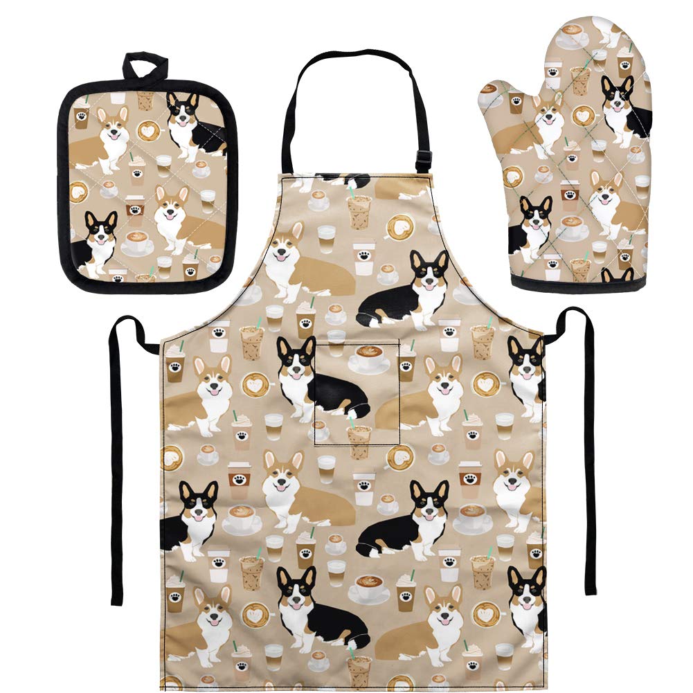 Cute Corgi Dog Print Breathable Soft Apron Set for Chef, Waitress, Waiter - Heat Resistant Oven Mitt & Pot Holder - Ideal for Cooking, Baking, Cleaning and Kitchen Protection - Perfect Gift Set of 3 for Home & Restaurant Use