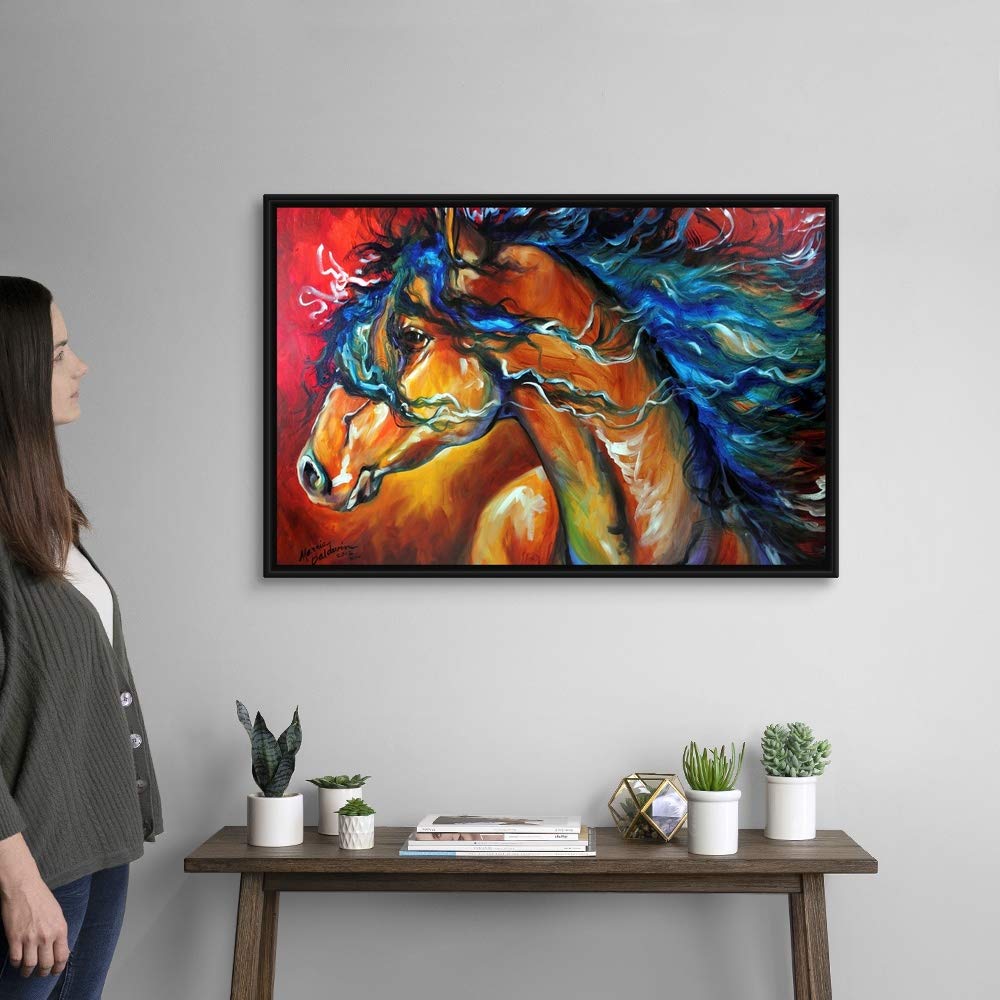Red Thunder Indian War Horse Black Float Frame Canvas Art - Native American Horse Painting for Wall Decor, Living Room & Office
