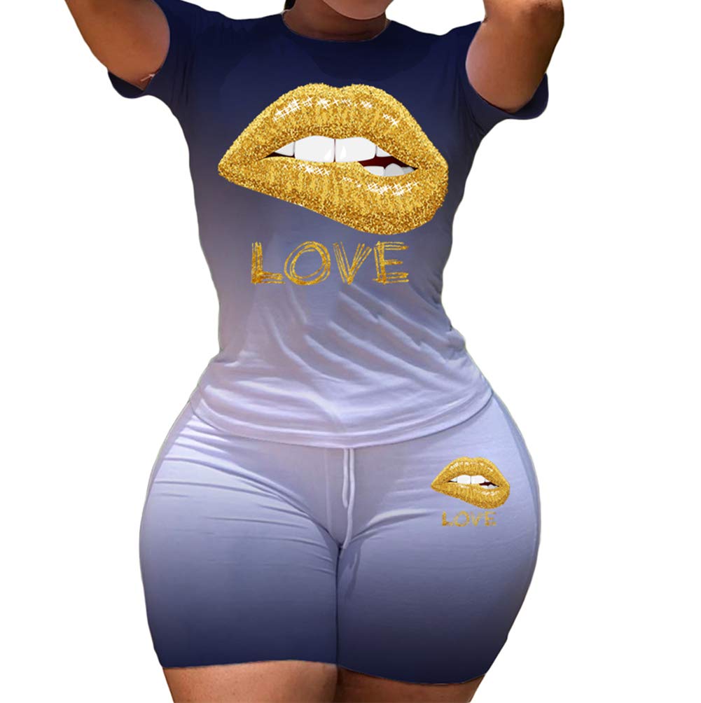 Women's Summer 2 Piece Outfit - Gradient Lip Print T-Shirt & Bodycon Shorts Set | Casual Tracksuit for Beach, Vacation & Streetwear Fashion