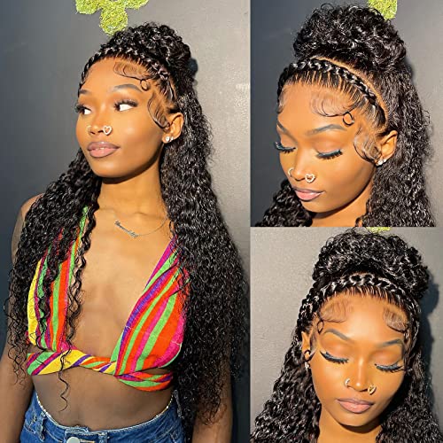 13x4 Glueless Water Wave Lace Front Wig - 150% Density Brazilian Human Hair with Baby Hair | Pre-Plucked Deep Wave Curly Wig for Black Women (20 Inch, Natural Black) | Perfect for Daily Wear, Parties & Special Occasions