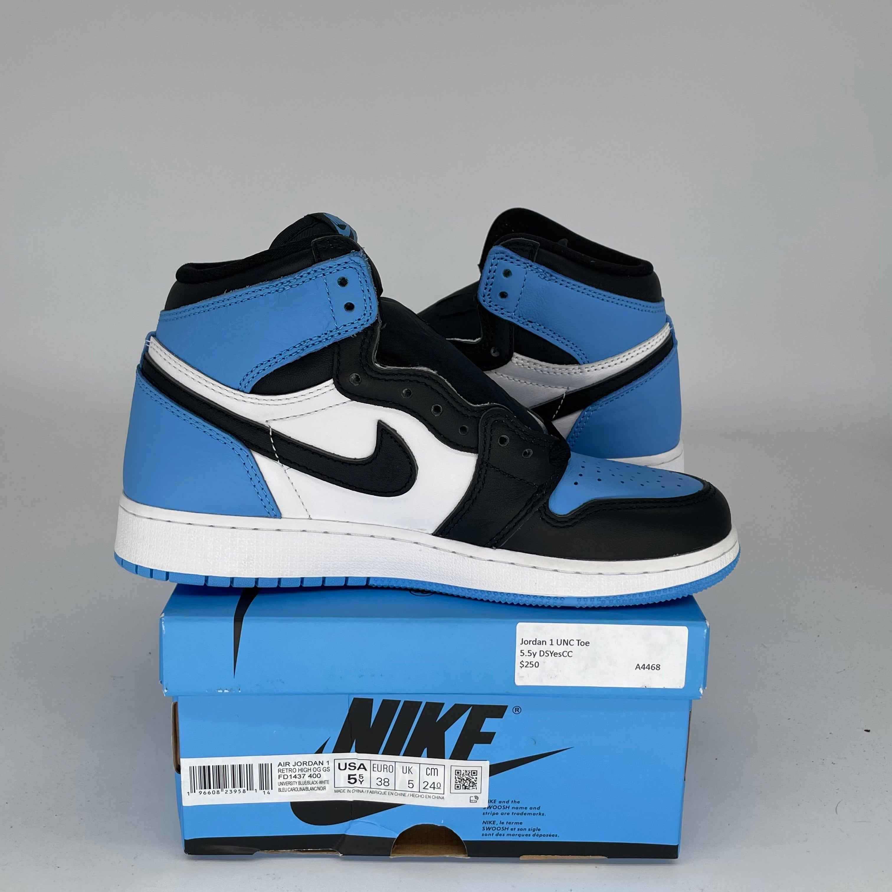 Air Jordan 1 UNC Toe Size 5.5Y FD1437-400 - Authentic Retro Basketball Shoes for Men & Kids, Perfect for Sneaker Collectors and Streetwear Fashion