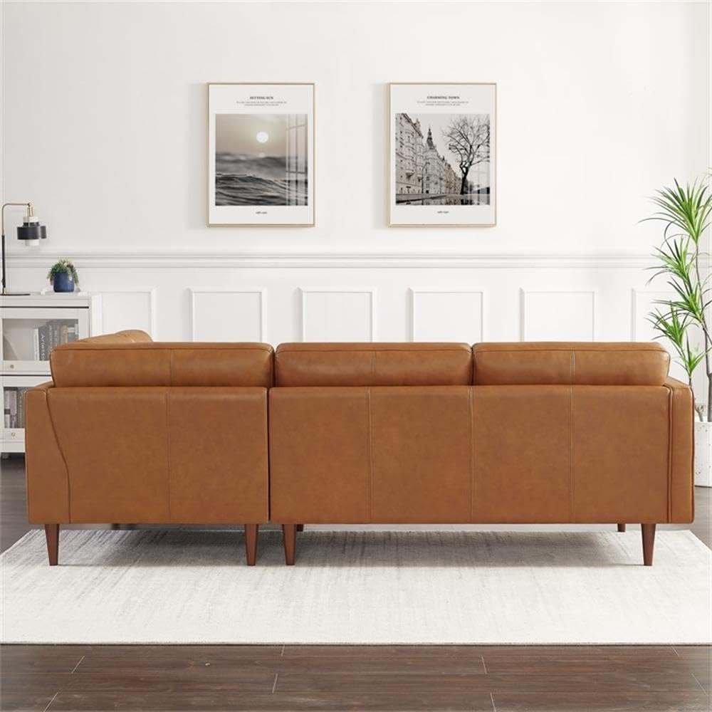 ASHCROFT Lucille Modern Leather Corner Sectional Sofa - Cognac Tan Brown - Contemporary Living Room Furniture for Small Spaces & Family Gatherings