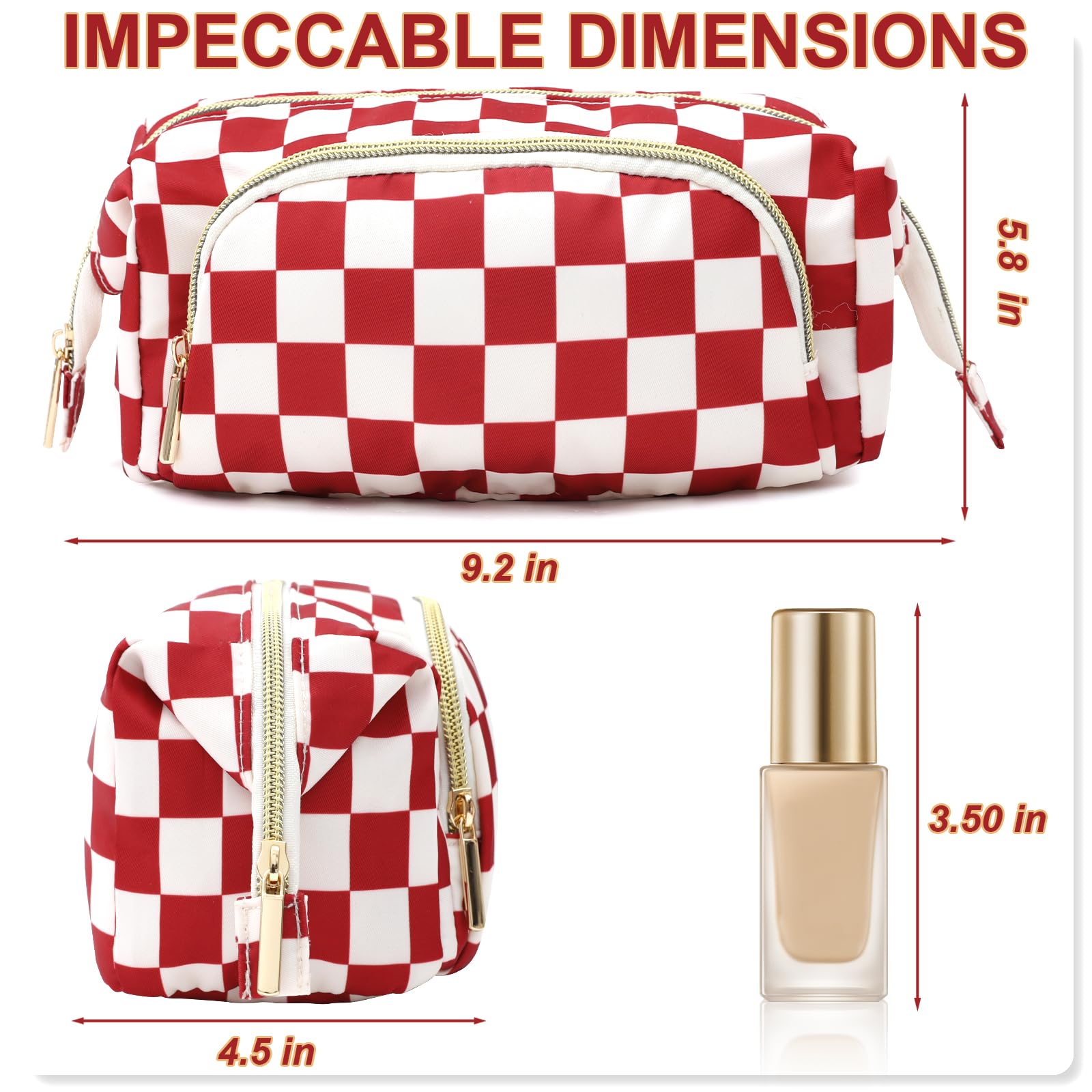Waterproof Checkered Makeup Bag for Women Travel - Large Capacity Cosmetic Organizer with 3 Compartments, Red Toiletry Pouch | Perfect for Vacation, Gym & Daily Essentials Storage