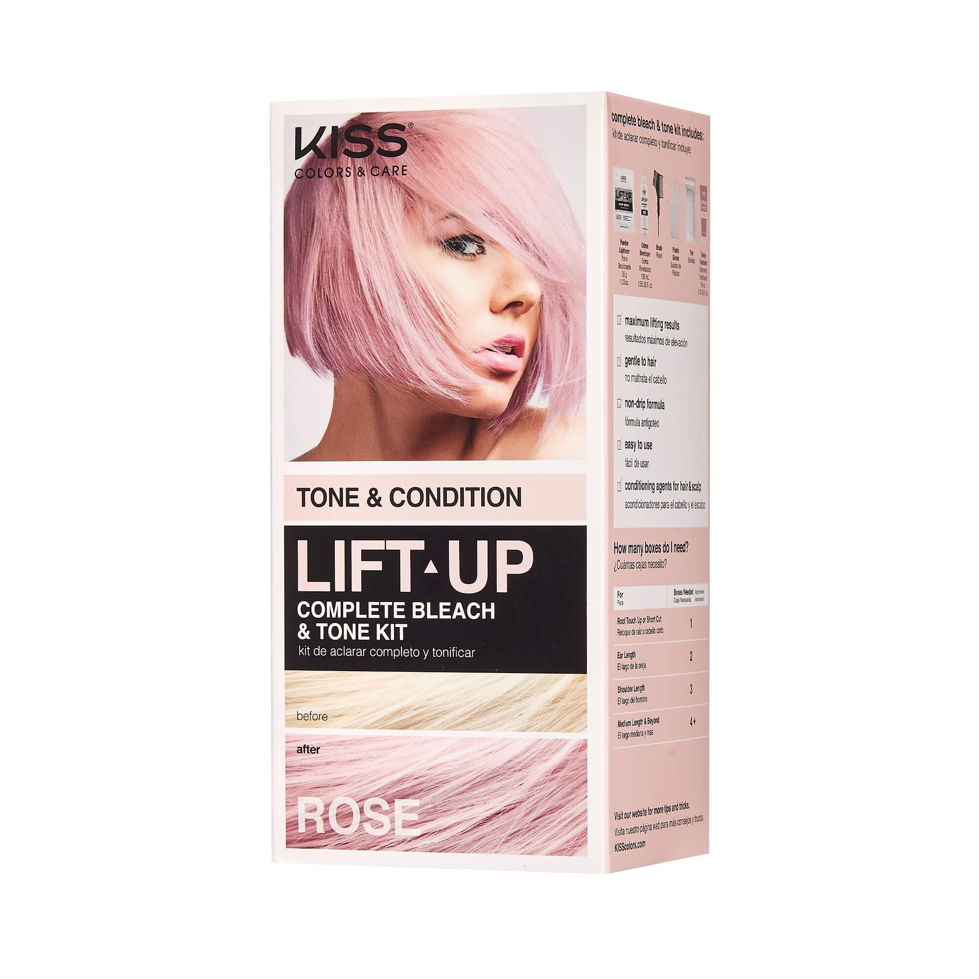 KISS Lift Up Complete Hair Bleach & Rose Pink Toner Kit - Gentle Conditioning Formula to Reduce Brassiness - 6-Piece DIY Bleaching Kit for Rose Gold Hair - Perfect for At-Home Salon Quality Hair Lightening & Toning