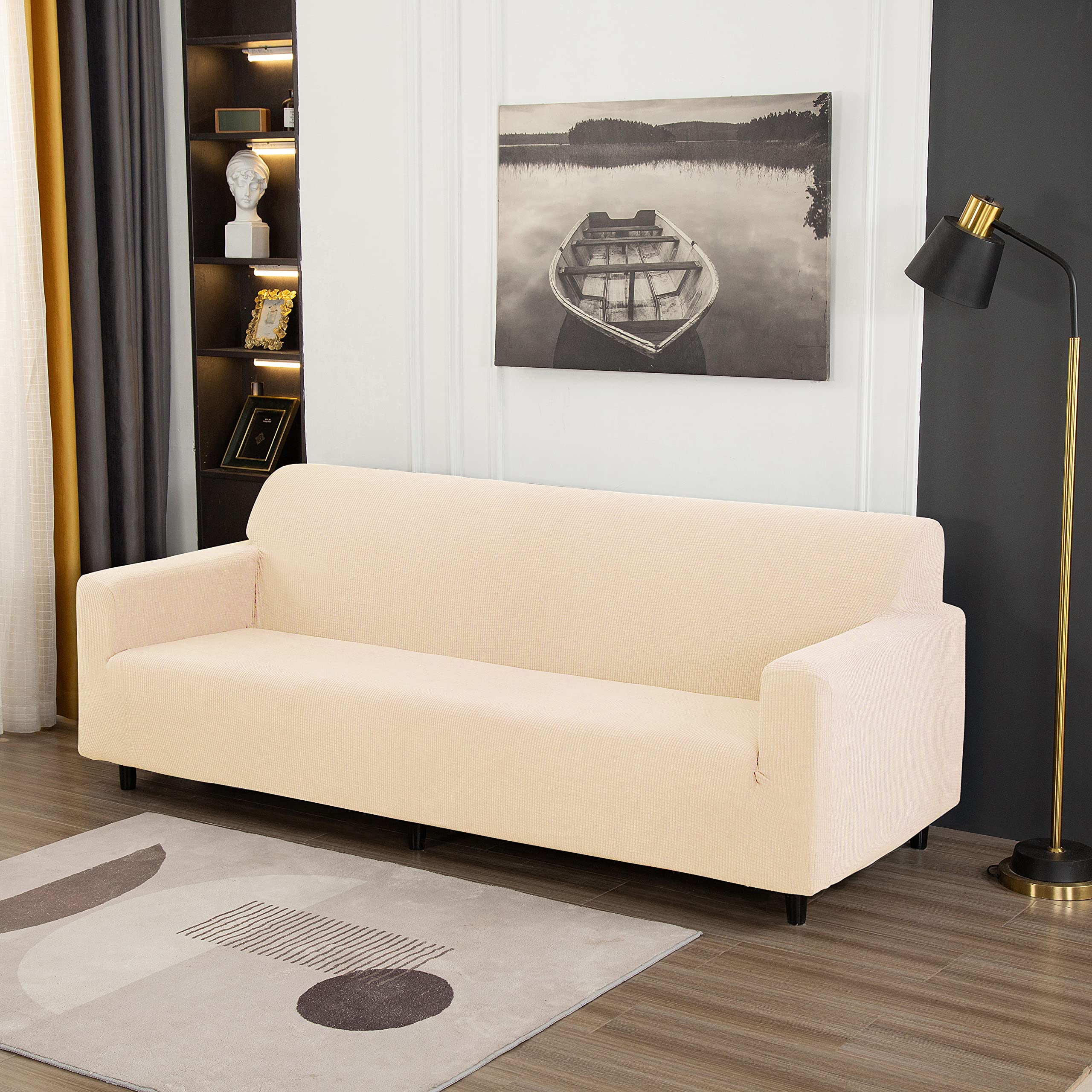3-Piece Sofa Cover Set - Stretchable Jacquard Velvet Slipcovers for 1/2/3 Seater Couches, Loveseats & Armchairs (Beige) - Perfect for Living Room Furniture Protection & Home Decor Upgrade