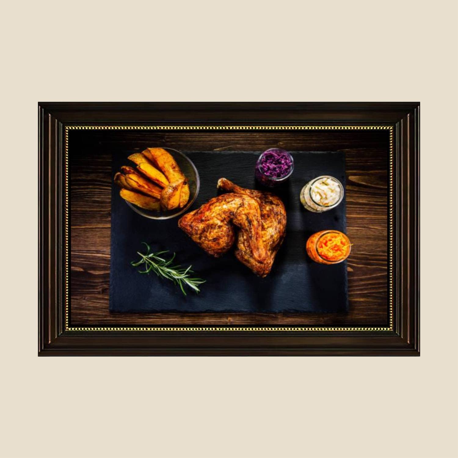 Roast Chicken Leg Vegetables Canvas Wall Art Print - Retro Kitchen Decor Painting Poster with Frame - 24x36 Inch Ready to Hang for Dining Room, Kitchen Decor & Farmhouse Style Home Decoration