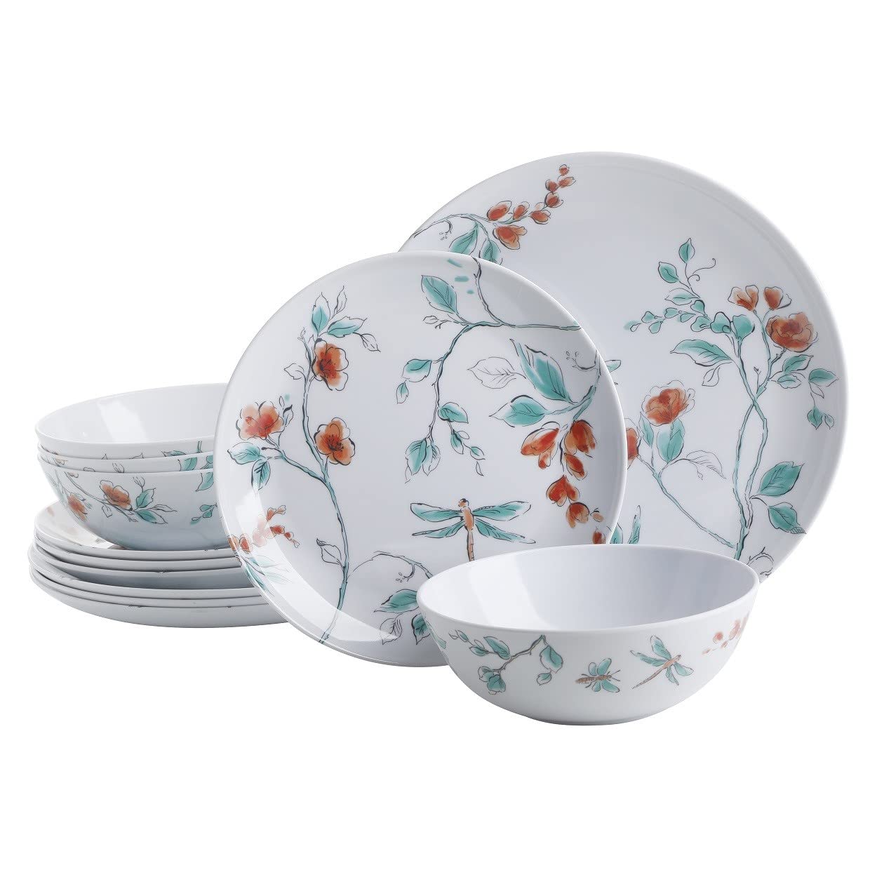 Martha Stewart Dragonfly Melamine Dinnerware Set - White, 12-Piece Service for 4, Shatterproof Outdoor & Indoor Dining Plates, Bowls, Cups - Perfect for Patio, Picnic, Pool Party, and Everyday Use