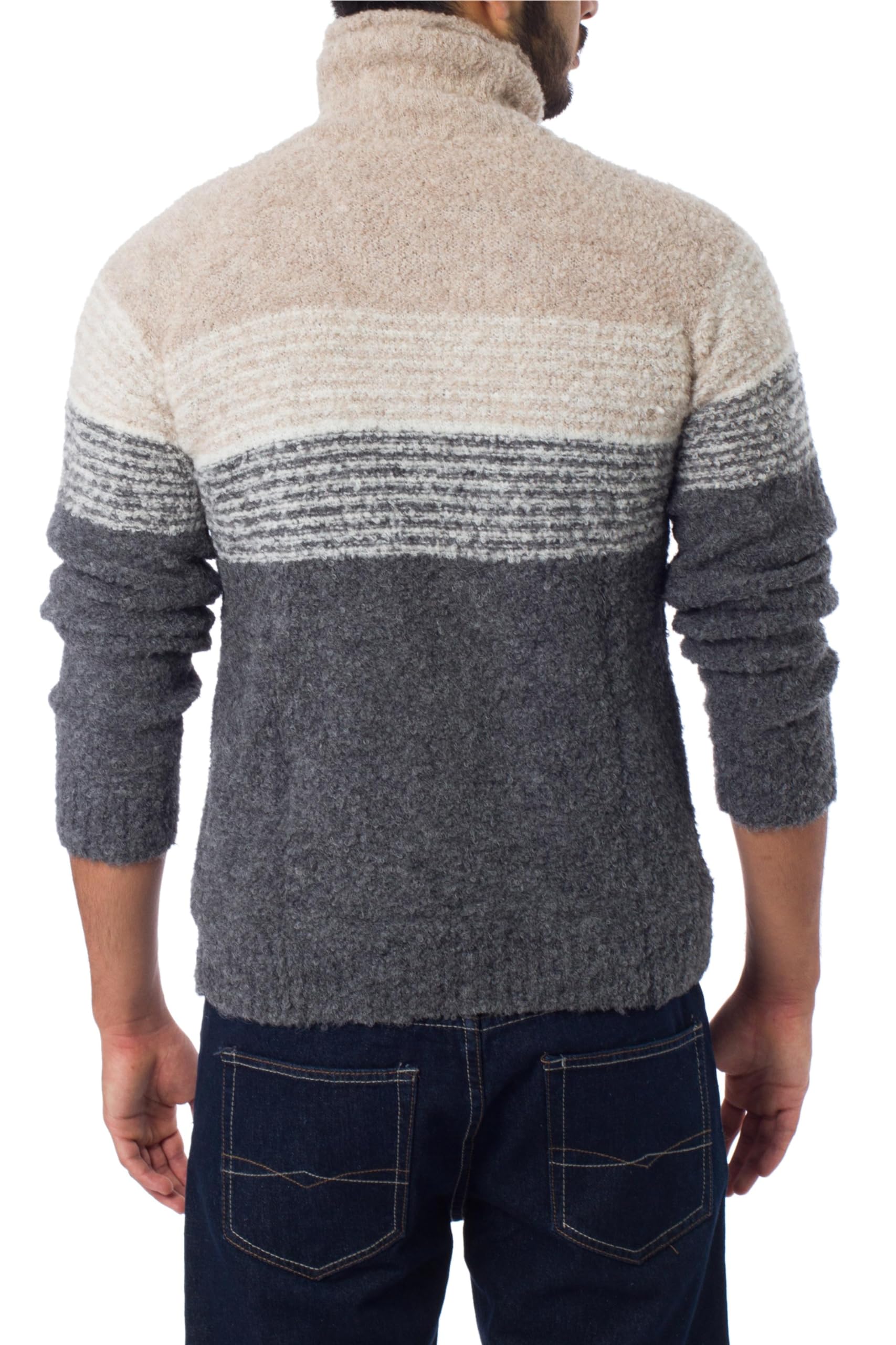 Handmade Alpaca Wool Blend Men's Turtleneck Sweater - Gray & White Striped Peruvian Design | Warm Winter Pullover for Casual & Outdoor Activities