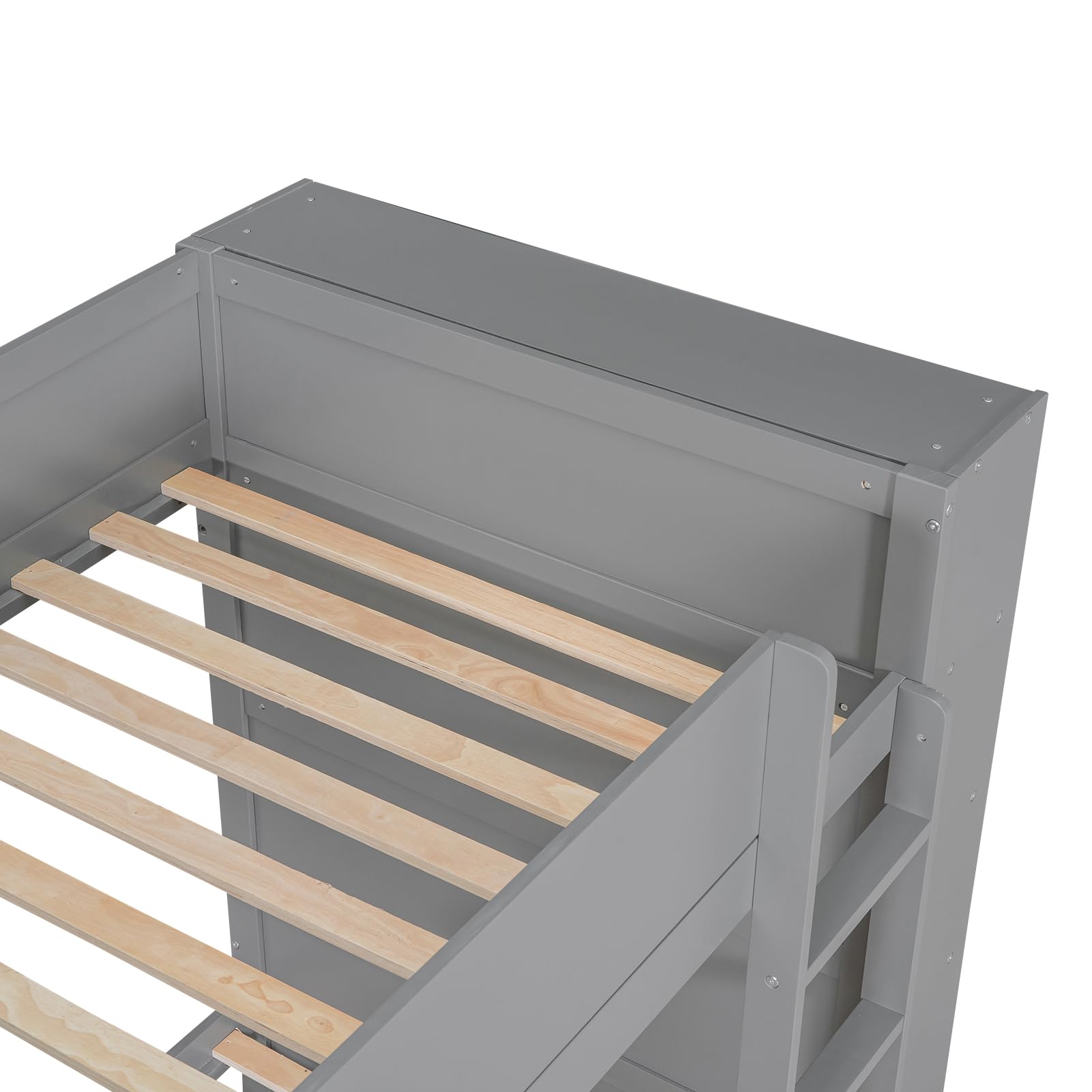 P PURLOVE Twin Over Twin Wooden Bunk Bed with 2 Drawers & Multi-Layer Storage Cabinet - Space-Saving Kids Bunk Bed Frame for Bedrooms, Dorms, and Small Spaces