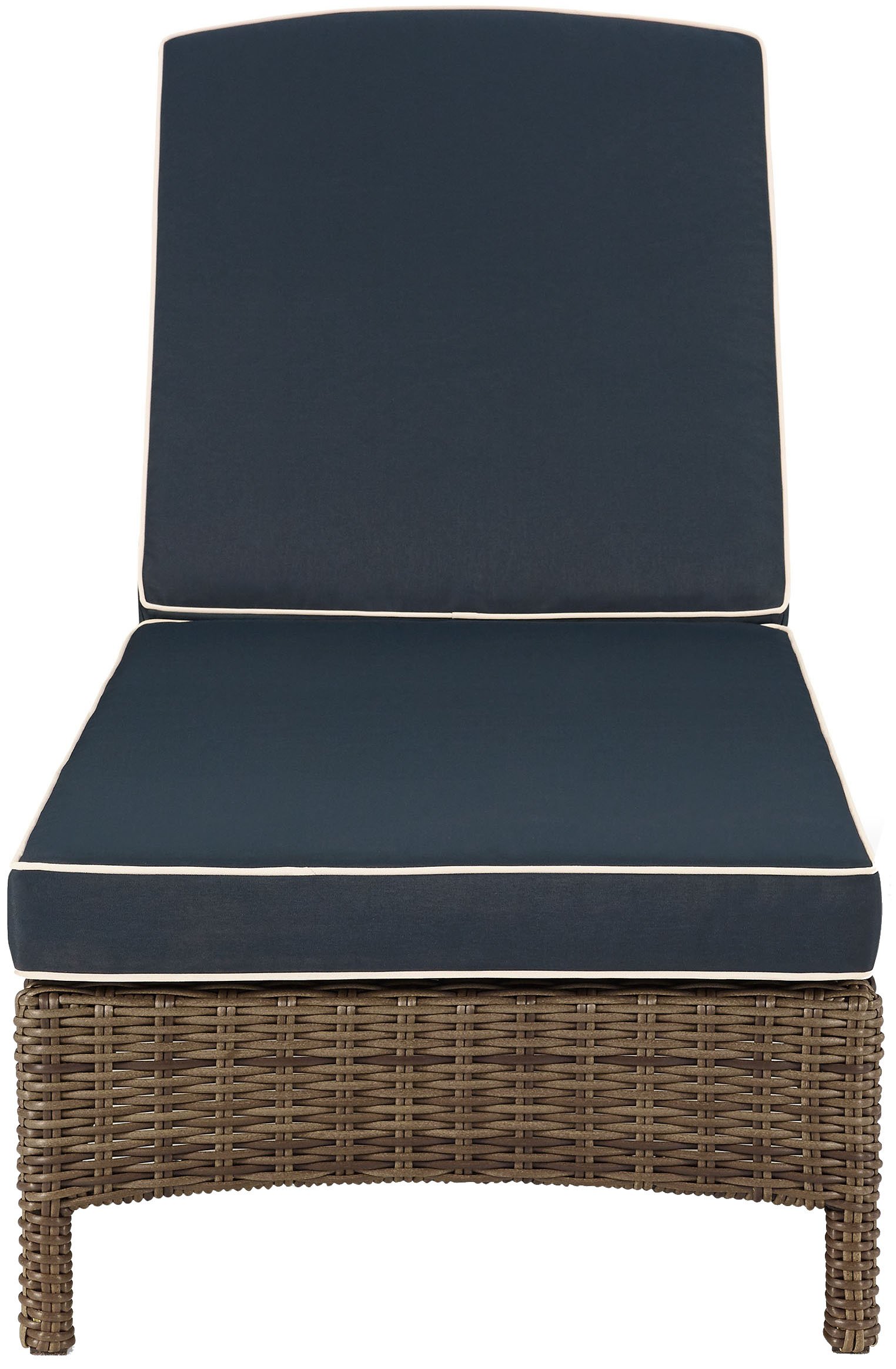 Crosley Bradenton Reclining Wicker Outdoor Chaise Lounge Chair - Brown with Navy Cushions for Patio, Deck, Backyard, Poolside Relaxation | Weather-Resistant Wicker Furniture for Outdoor Lounging & Sunbathing
