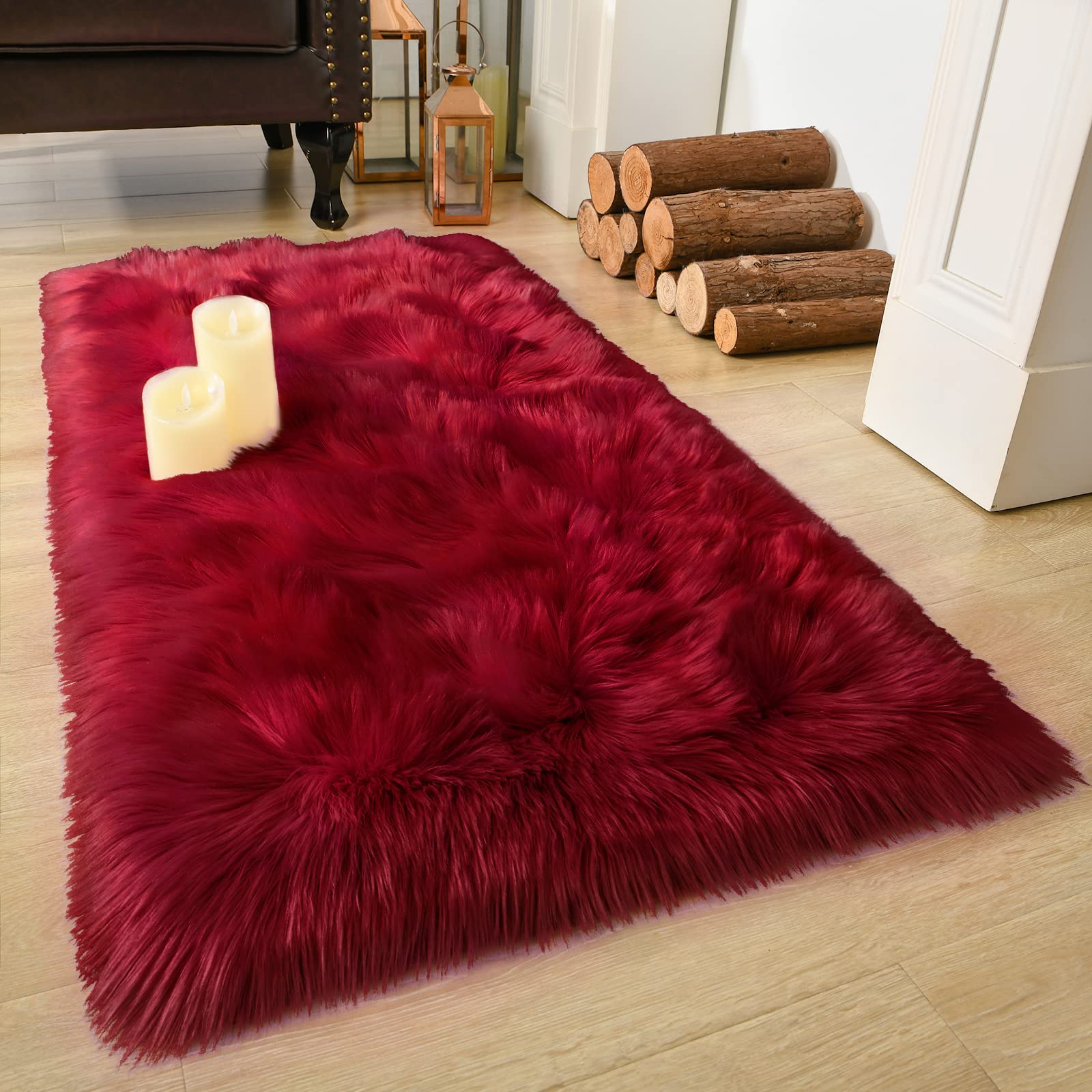 LOCHAS 2x4 Feet Soft Fluffy Faux Fur Area Rug - Washable Luxury Shag Carpet for Bedroom, Living Room & Girls Room Decor | Cozy Furry Sheepskin Rug for Bedside, Nursery & Home Accents | Warm Red Home Decor Perfect for Winter & Cozy Spaces