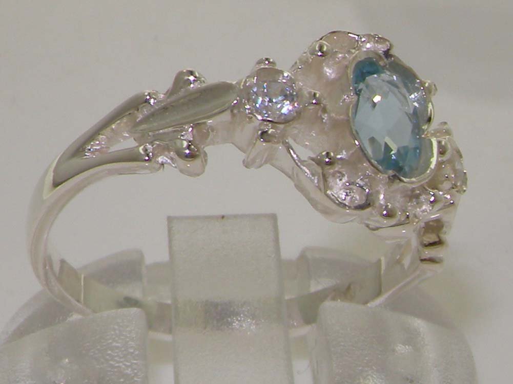 10K White Gold Cubic Zirconia & Genuine Aquamarine Women's Band Ring - Elegant Wedding, Engagement & Anniversary Jewelry Gift for Her