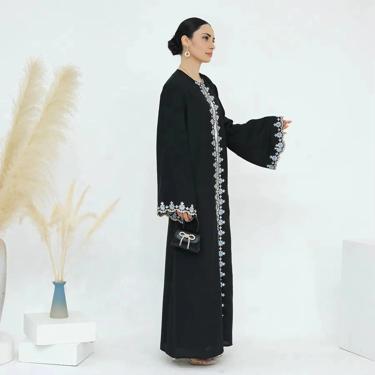 Floral Embroidered Nida Cardigan Open Abaya Dress for Women - Elegant Muslim Abaya with Embroidery Details for Prayer, Mosque, and Special Occasions