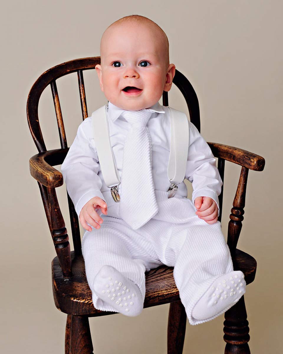 Baby Boys Christening Outfit Set - 4 Piece Suspender Romper & Bow Tie - Perfect for Baptism, First Birthday & Special Occasions