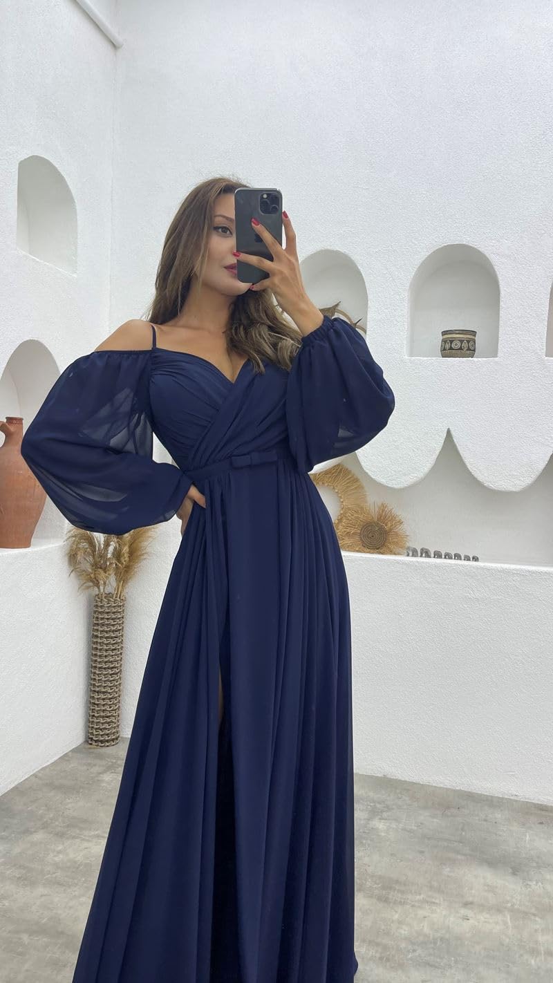HSFIYAKJ Elegant Long Sleeve Bridesmaid Dress for Women - Off Shoulder Pleated Chiffon Formal Gown with High Slit | Perfect for Weddings, Parties & Special Occasions