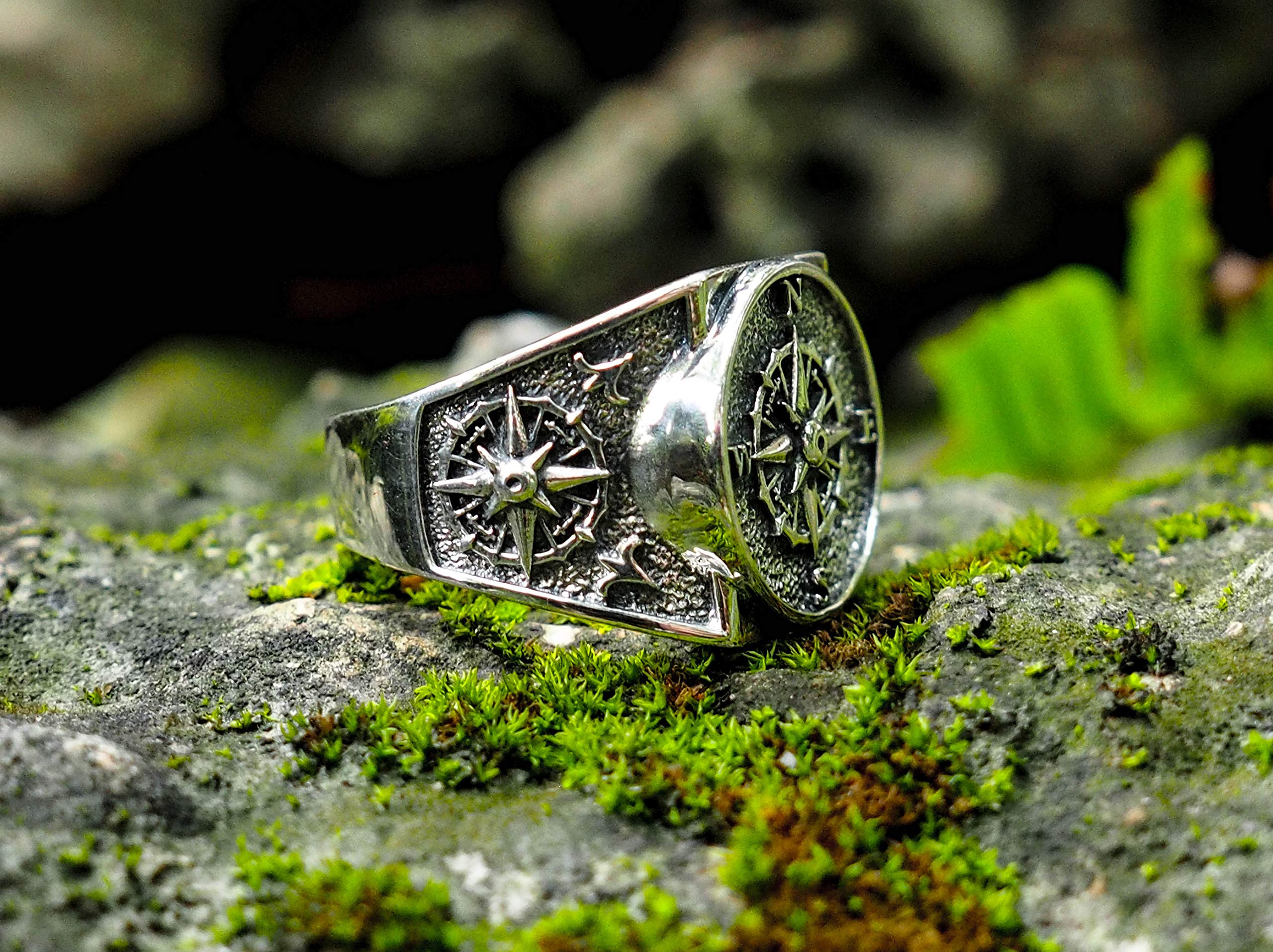 Compass Ring for Travel - 925 Sterling Silver Adjustable Sizing (6-15) - Perfect for Hiking, Camping & Outdoor Adventures