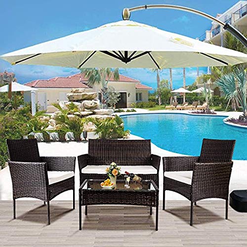 4-Piece Outdoor Patio Furniture Set - PE Wicker Rattan Sofa with Cushions & Tempered Glass Coffee Table - Brown - Perfect for Garden, Poolside, and Backyard Relaxation