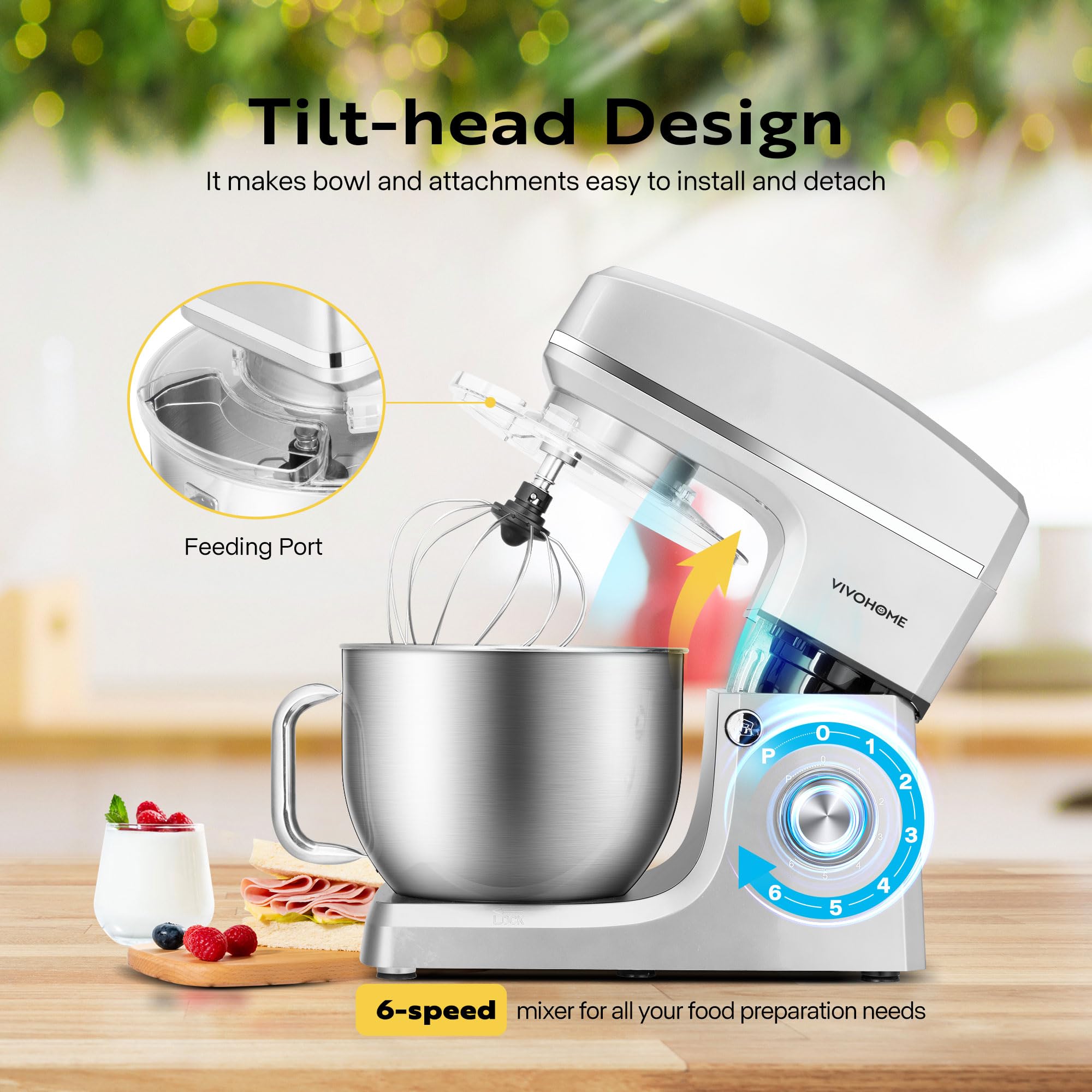 VIVOHOME 7.5 Quart 660W Stand Mixer - 6-Speed Tilt-Head Electric Kitchen Mixer with Beater, Dough Hook, Wire Whip & Egg Separator - Perfect for Baking Cakes, Cookies, Bread & More (Silver)