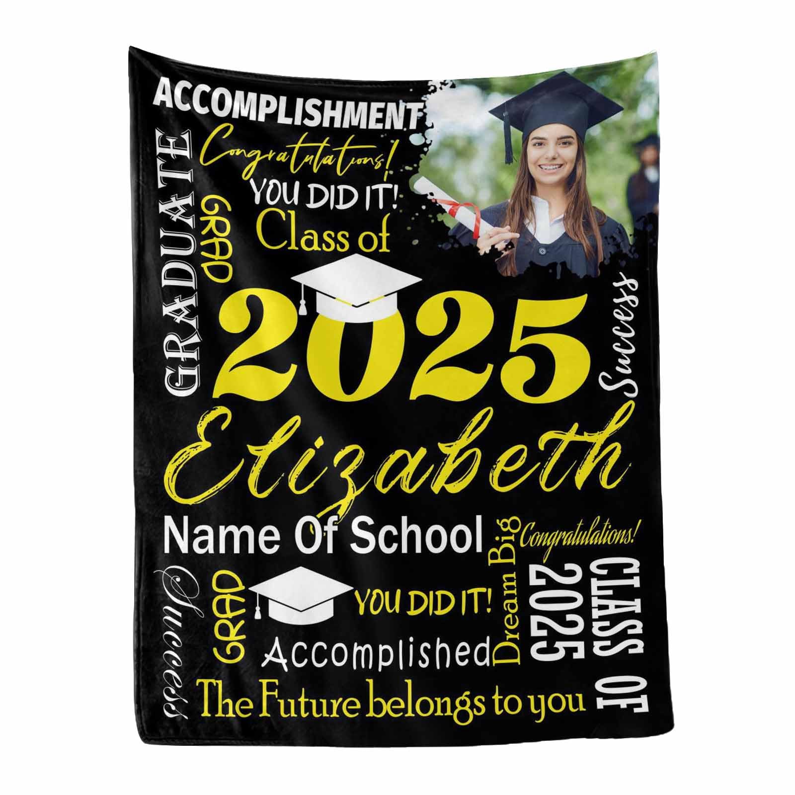 Personalized Graduation Blanket for Her & Him - Class of 2025 Commemorative Throw - 30x40 Inch Yellow & Black College High School Graduation Gift - Perfect for Senior Year Celebrations, Dorm Decor & Alumni Pride