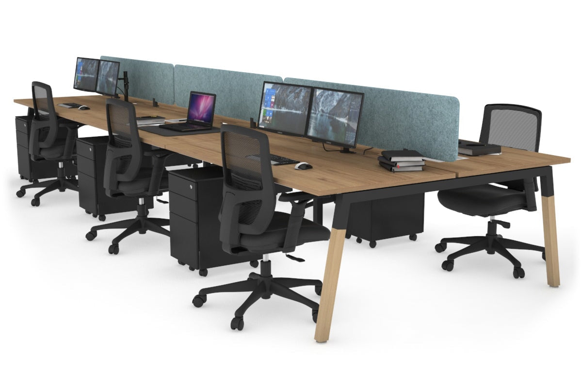 6-Person Quadro A Legs Office Workstation with Wood Legs & Cross Beam - 1600L x 800W with Cable Scallop - Perfect for Open Office Layouts & Collaborative Workspaces