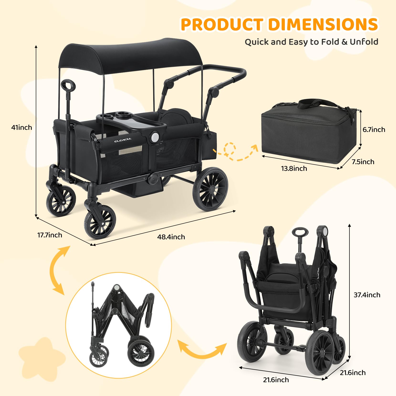 **ELEMARA 2-in-1 Foldable Stroller Wagon for Kids - All-Terrain Push & Pull Wagon with Removable Canopy, Adjustable Handle, Safety Harnesses & Large Storage Bag - Perfect for Beach, Park & Outdoor Adventures (Black)**