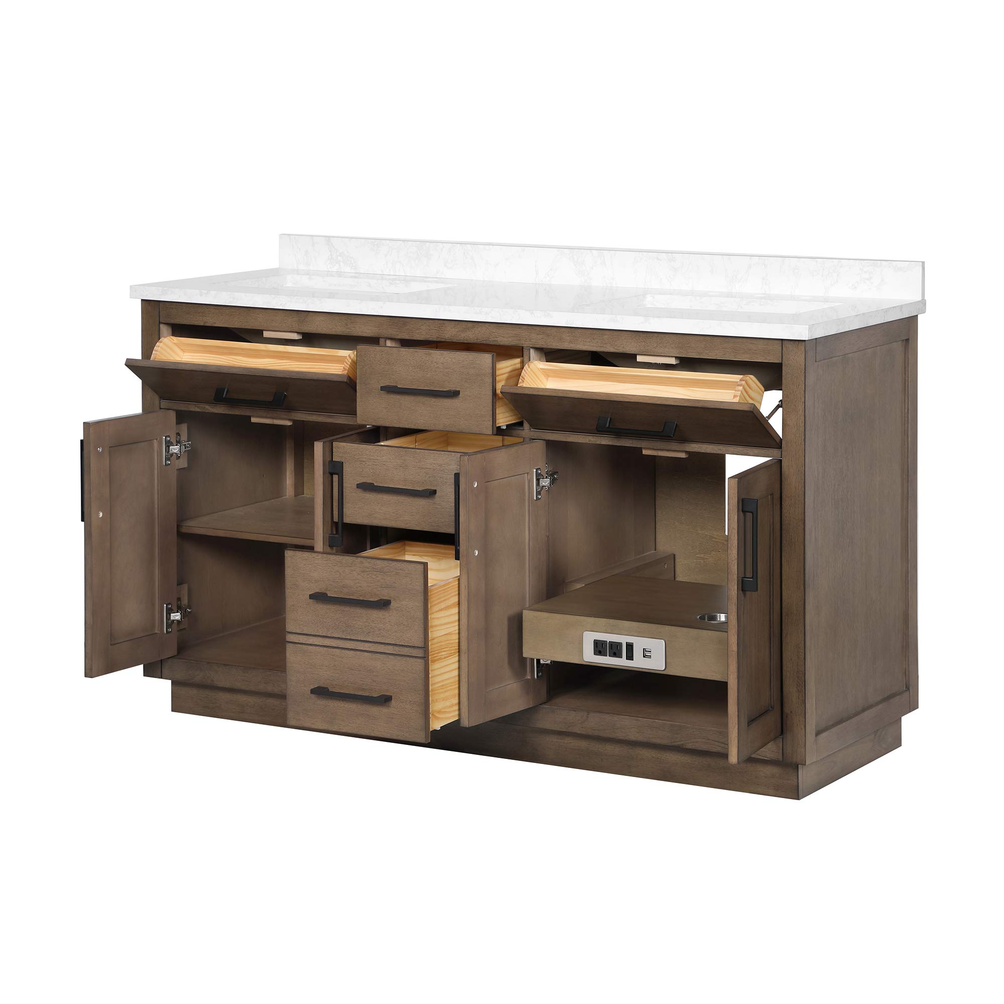Ove Decors Maya Plus 60-Inch Double Sink Bathroom Vanity in Almond Latte Finish with Black Hardware & Power Bar - Modern Bathroom Storage Solution for Master Bath & Guest Bath Remodel