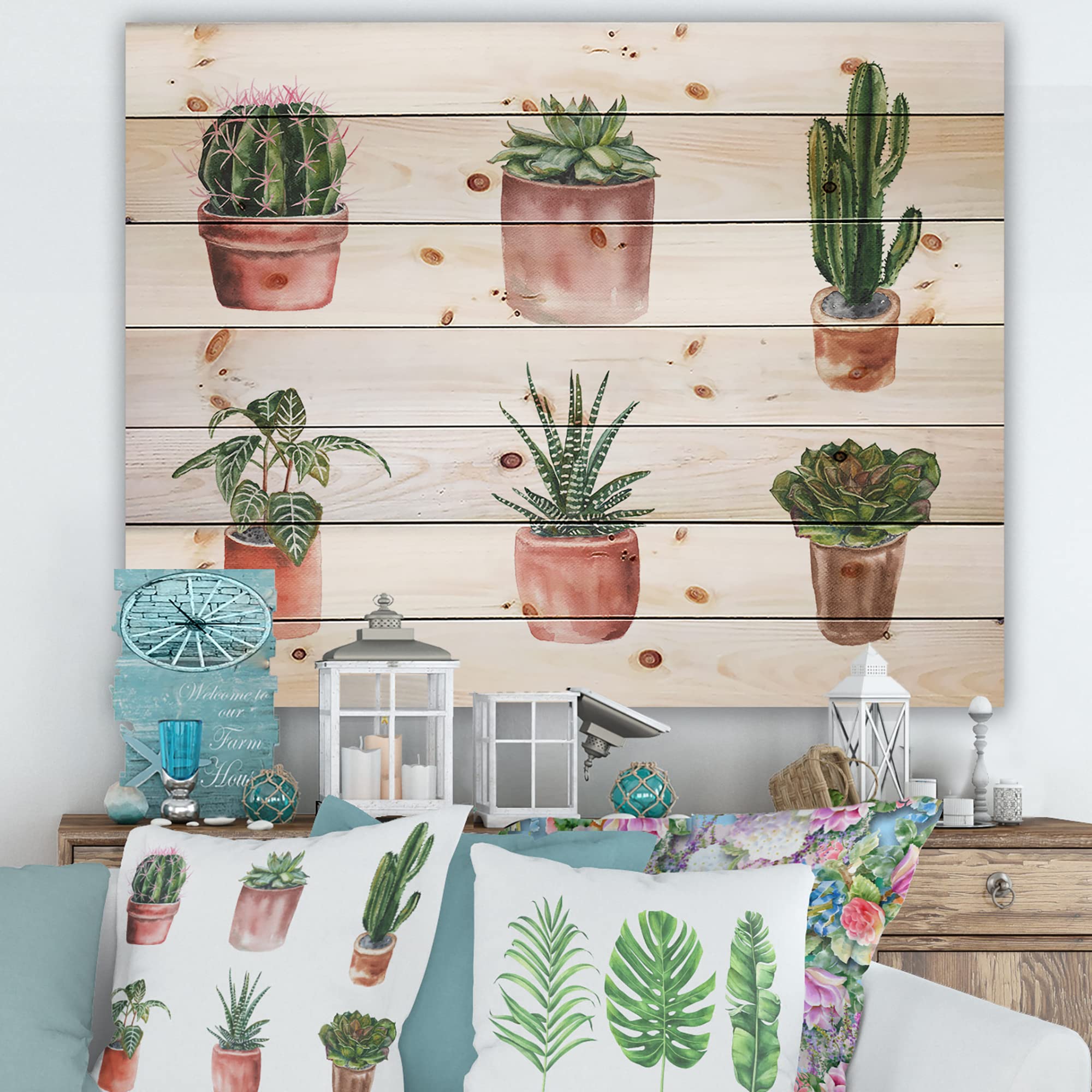 DesignQ Flowers in Pot Cacti & Succulents Wood Wall Decor - Large Floral Pine Wood Wall Art Panels for Living Room, Bedroom & Office Decor