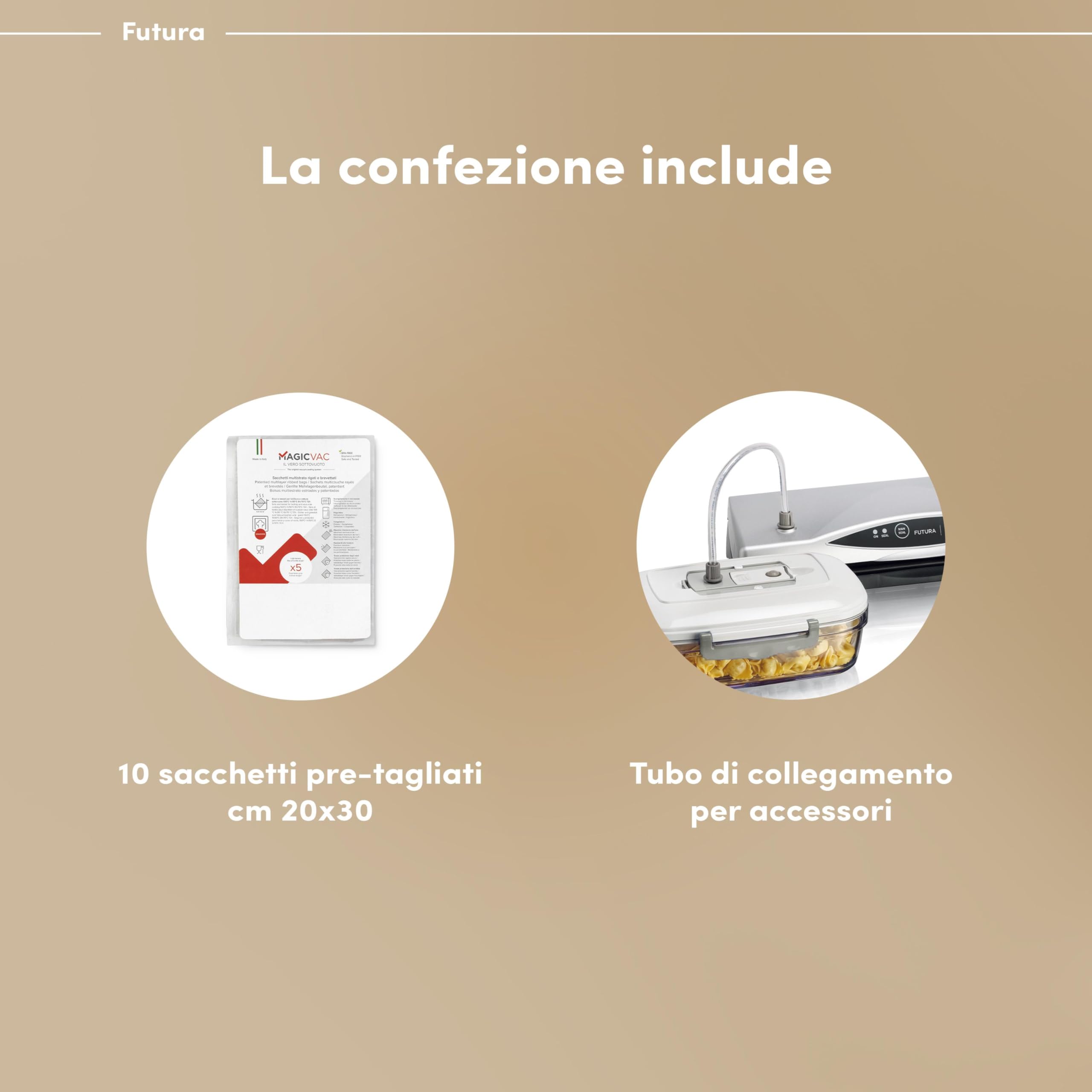 Magic Vac Futura Multifunction Food Vacuum Sealer Machine for Vacuum Bags & Containers - Includes Vacuum Sealing Kit, Patented Technology, Made in Italy (Silver-Black) - Perfect for Meal Prep, Sous Vide & Food Storage
