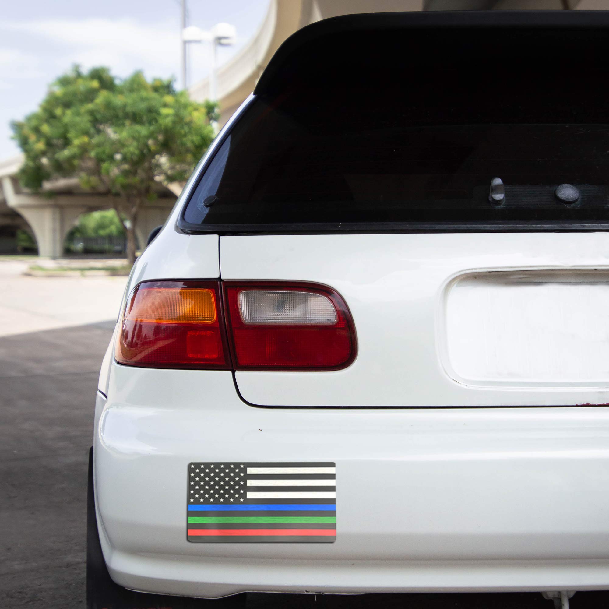 USA Flag Decals & Tire Valve Caps - Patriotic 2-Pack 3x5 Inch American Flag Stickers with Thin Red Blue Line for Cars, Trucks, SUVs | Perfect for 4th of July, Veterans Day & Patriotic Events | Durable Aluminum Decals & Valve Cover Set