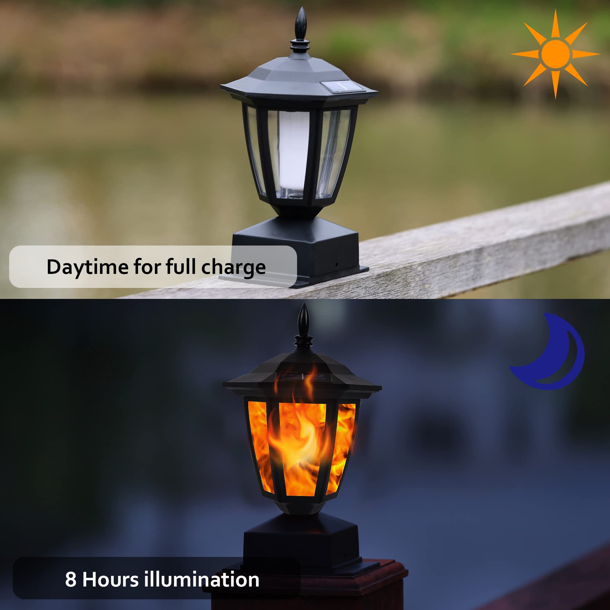 Dynaming Solar Flame Post Lights Outdoor - 6 Pack Waterproof Flickering LED Lanterns for Garden, Deck, Patio | Solar Powered Fence Post Cap Lights Fit 4x4, 5x5 or 6x6 Wooden Posts | Perfect for Pathway Lighting, Backyard Ambiance & Evening Gatherings