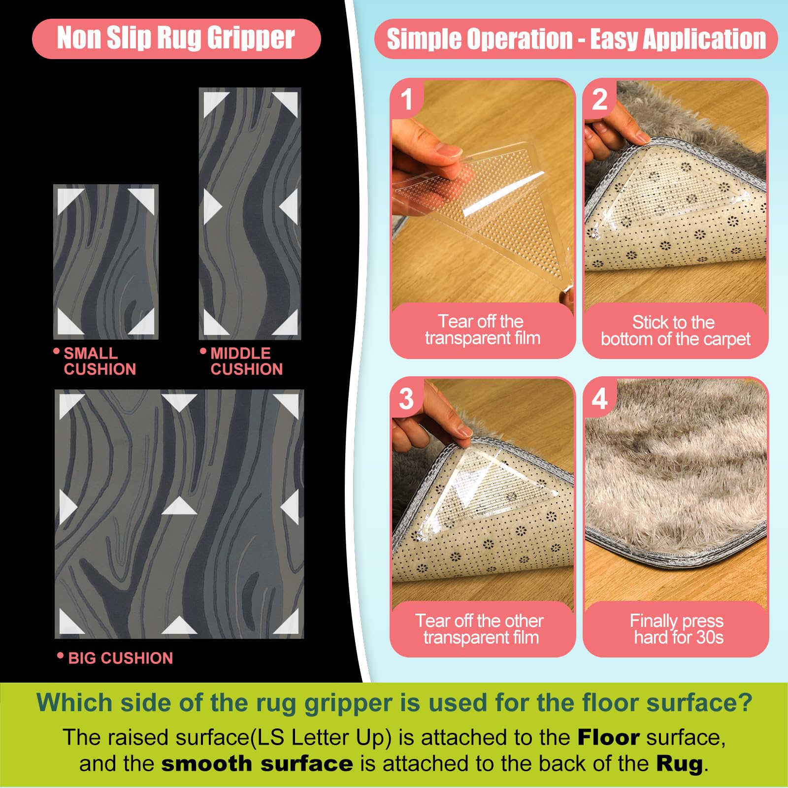 16-Piece Clear Non-Slip Rug Grippers - Washable & Reusable Carpet Tape for Area Rugs | Anti-Slip Rug Pads for Hardwood Floors & Tile | Secures Rug Corners | Perfect for Living Room, Bedroom & Office Use