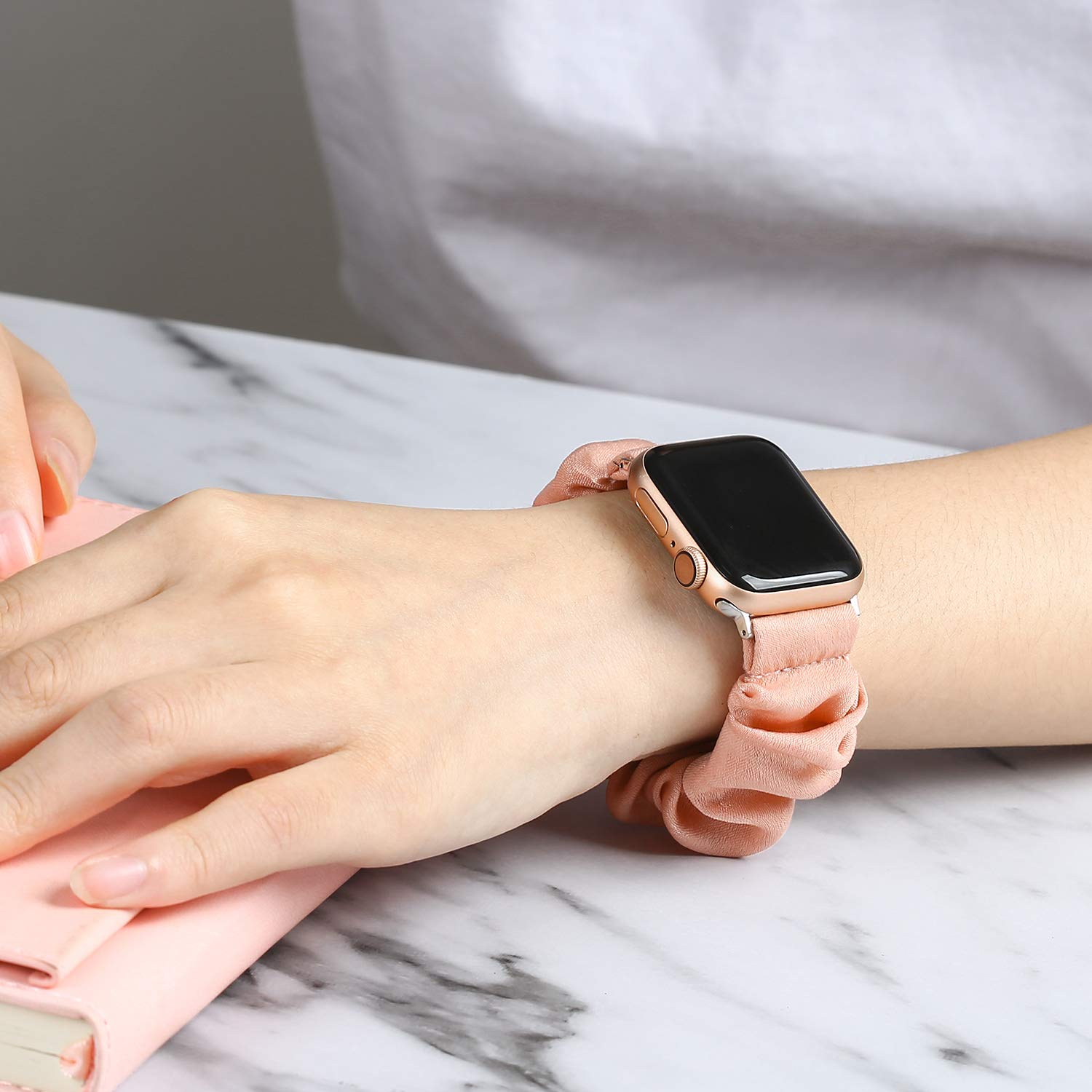 TOYOUTHS Compatible with Apple Watch Band 38mm 40mm 41mm 42mm - Soft Elastic Fabric Scrunchie Strap for Women - iWatch Series 10/9/8/7/6/5/4/3/2/1/SE (Rose Gold, Small) - Perfect for Workouts, Yoga & Everyday Fashion Accessory