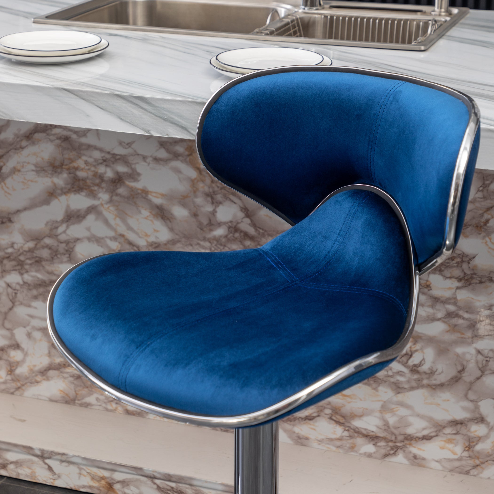 Roundhill Furniture Masaccio Velvet Upholstered Adjustable Swivel Bar Stool - Set of 2 Blue Counter Height Stools for Kitchen Island, Bar, or Breakfast Nook