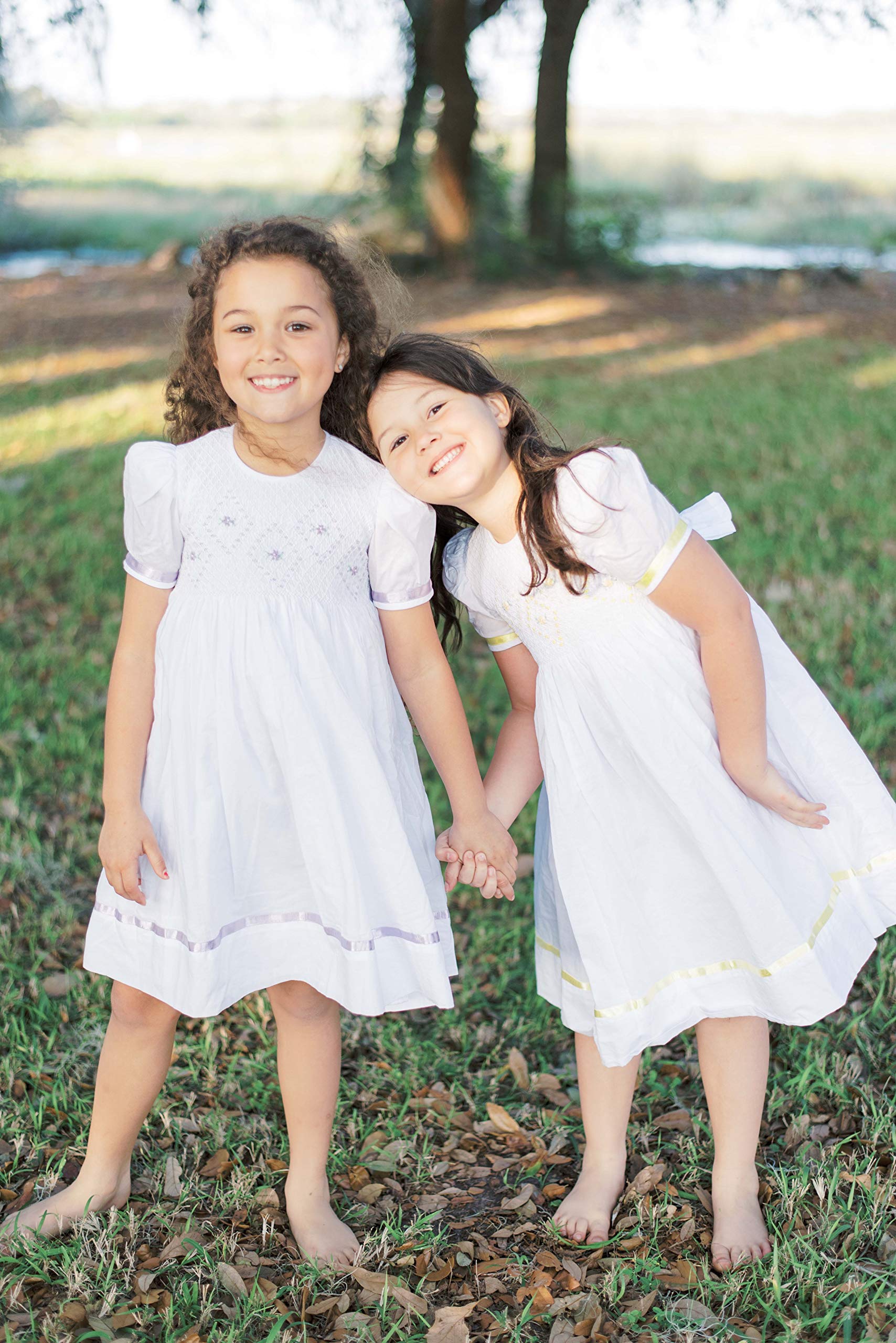 Elegant Hand-Smocked White Easter Dress for Flower Girls with Yellow Ribbon - Perfect for Easter Celebrations, Weddings & Special Occasions