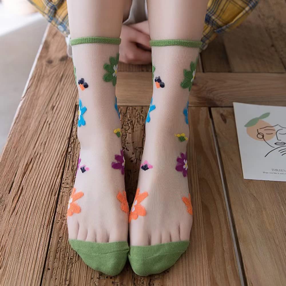 5 Pairs Women's Summer Thin Breathable Floral Silk Socks - Mesh Lace Jacquard Sheer Transparent Crystal Socks for Casual Wear, Office & Special Occasions