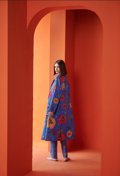 Luxury Long Silk Damask Coat in Cobalt Blue - Elegant Formal Wear for Women's Evening Events & Special Occasions