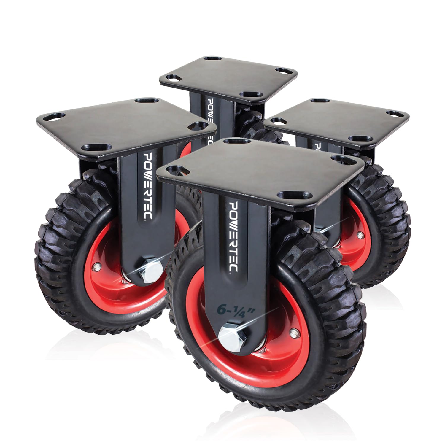 POWERTEC 6 Inch Heavy Duty Fixed Plate Caster Wheels Set of 4 - Rubber Knobby Tread for Workbench, Dolly, Cart, Trolley, Wagon & Chicken Coop - Large Rubber Castor Wheels (17052-P4) - Perfect for Workshop, Garage, Industrial Use & Farm Equipment
