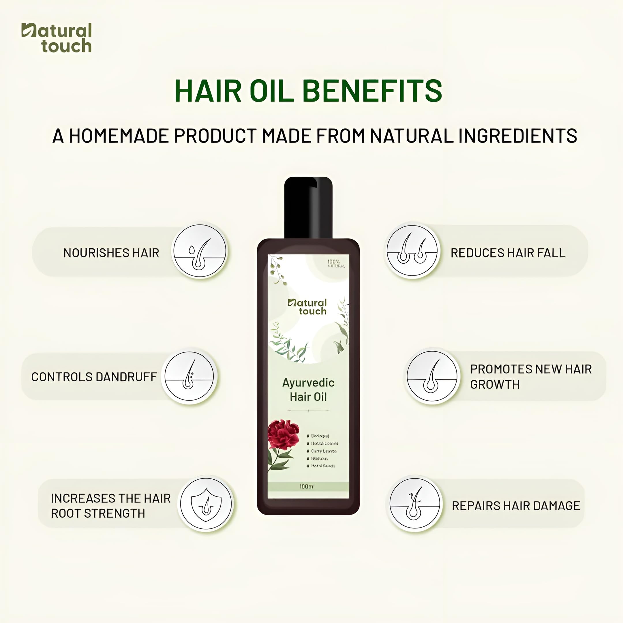Natural Touch Ayurvedic Hair Oil with Bhringraj & Vitamin C for Hair Growth & Scalp Care – Perfect for Daily Hair Treatment & Styling